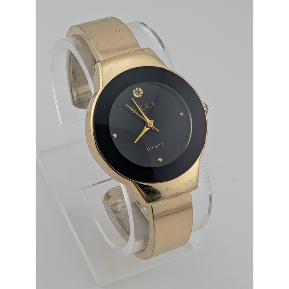 Studio Time Watch Women 32mm Case Black Dial Gold Bangle Band- New Battery